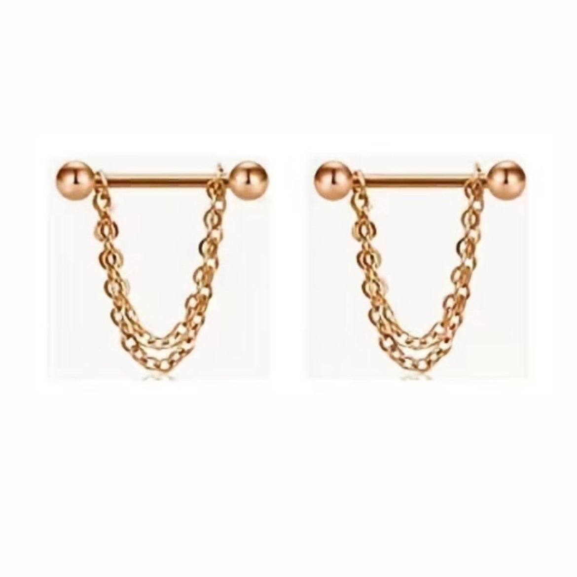 Nipple Piercing Barbell con Doble Cadena Oro Rosa