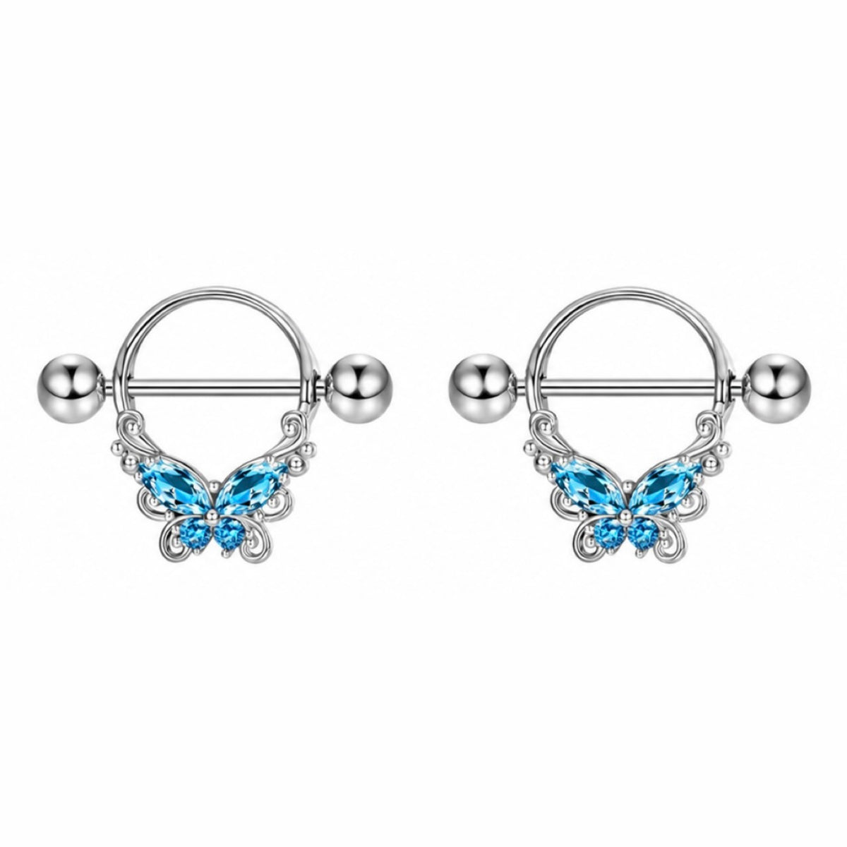 Nipple Piercing Barbell Mariposa Cristales Azul Celeste