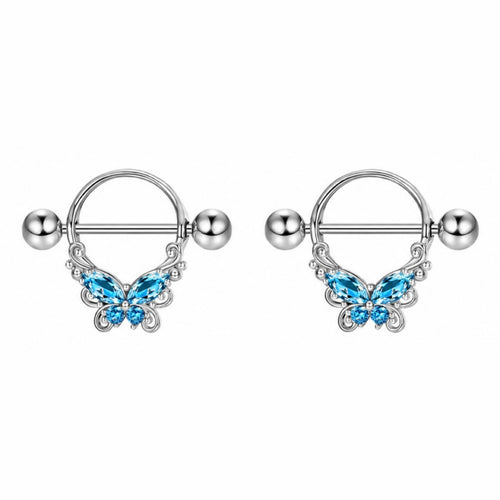 Nipple Piercing Barbell Mariposa Cristales Azul Celeste