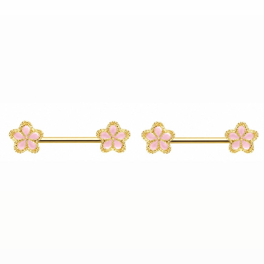 Nipple Piercing Barbell Flor Esmalte Rosa Dorado