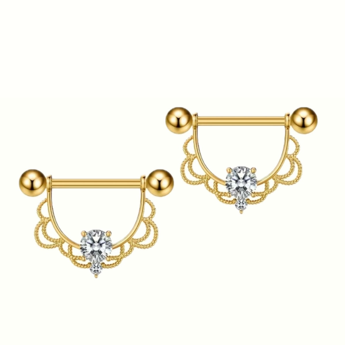 Nipple Piercing Barbell Filigrana Encaje con Cristal Gota Dorado
