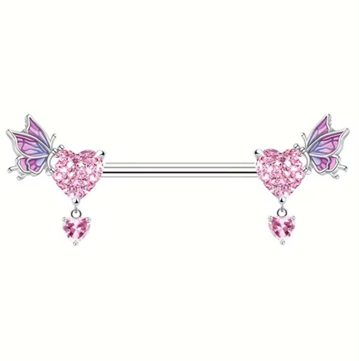 Nipple Piercing Barbell Mariposa Corazón Pavé Rosa Titanio